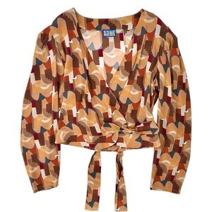 LHD Brown Geometric Print Long Sleeve Lightweight Silk Wrap Blouse Shirt Top